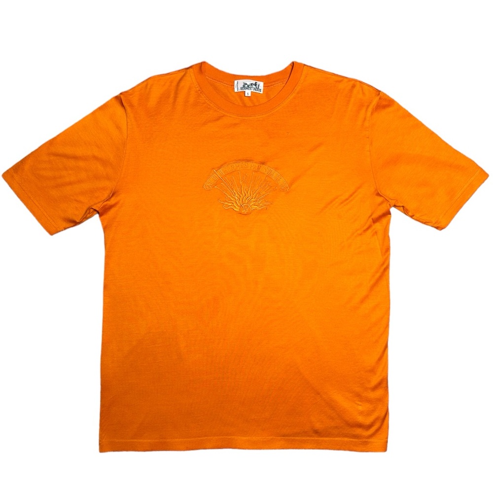 Hermes Men's Orange Embroidered Tee Short Sleeve Designer Cotton Size Small